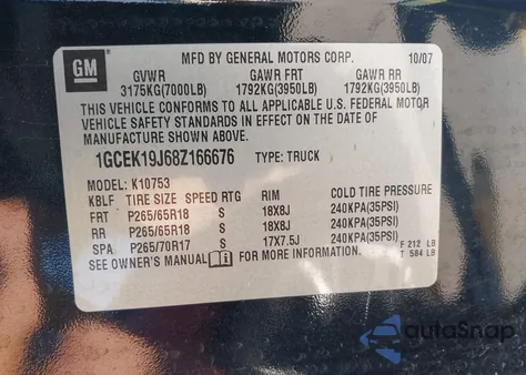 2008 Chevrolet Silverado 1500 Lt1 from USA, damaged, VIN 1GCEK19J68Z166676